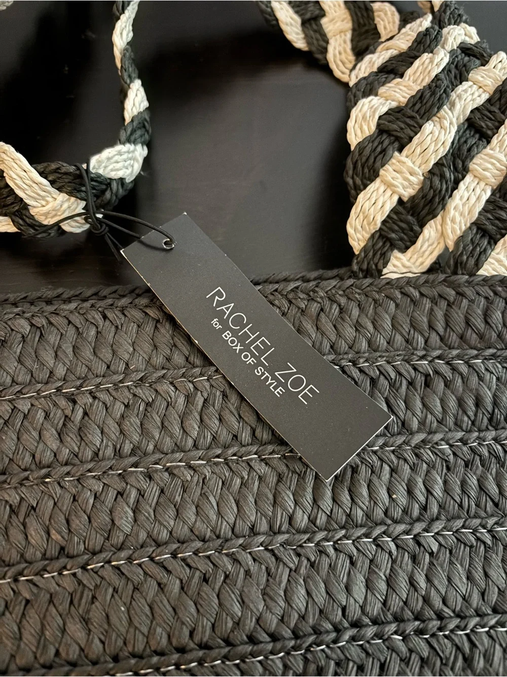 Rachel Zoe Black Woven Tote with Black and White Twisted Rope Handles
